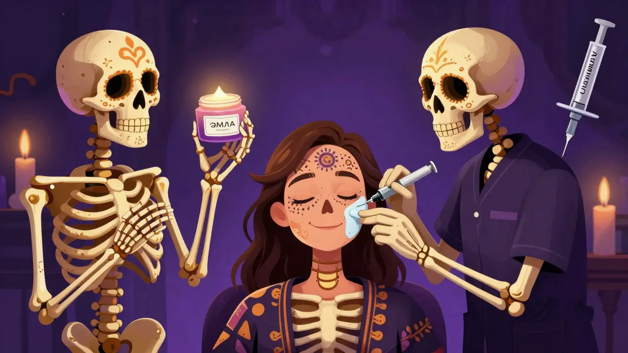 Комбинированная анестезия: крем и укол, сопровождаемые духовными черепами-хранителями.