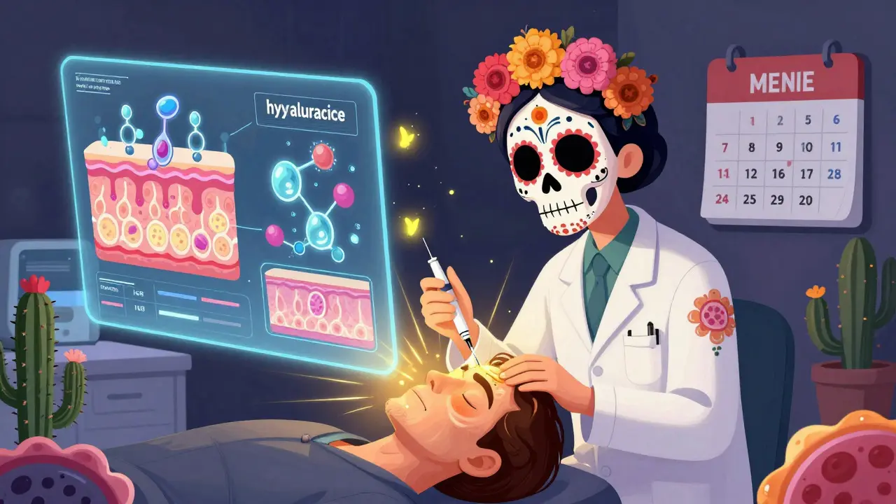 Косметолог вводит инъекцию, вокруг — светящиеся молекулы и алебрихе, превращающиеся в клетки кожи.