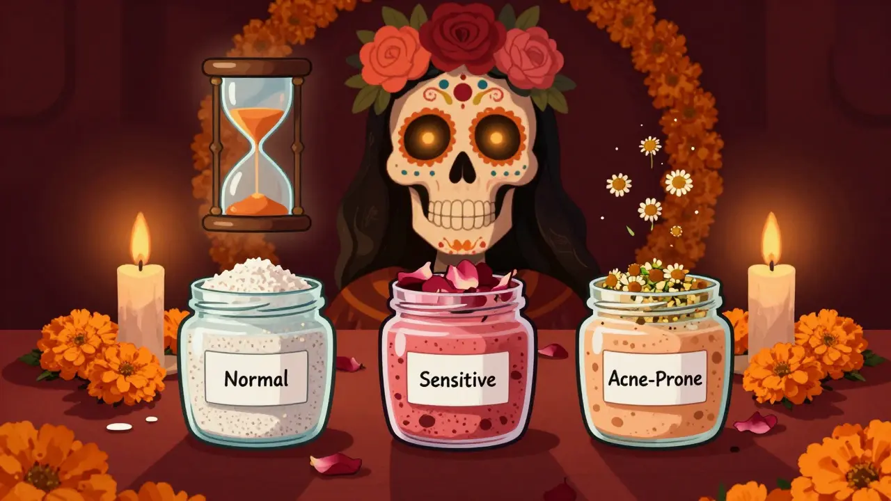 Мистический алтарь с тремя банками для разных типов кожи, над ними плавают ингредиенты, а скелет в цветах смотрит мудро.