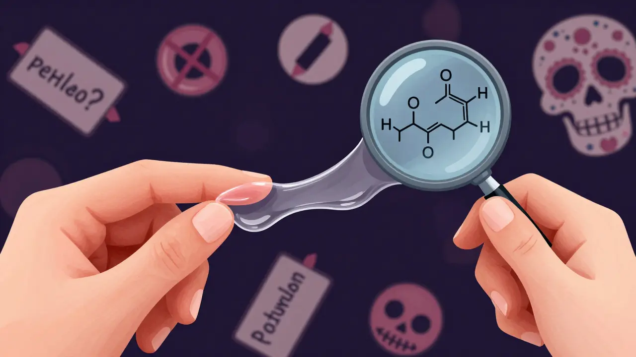 Пальцы с натянутой пленкой блеска, рядом — скелеты с лупой, показывающей химические формулы.