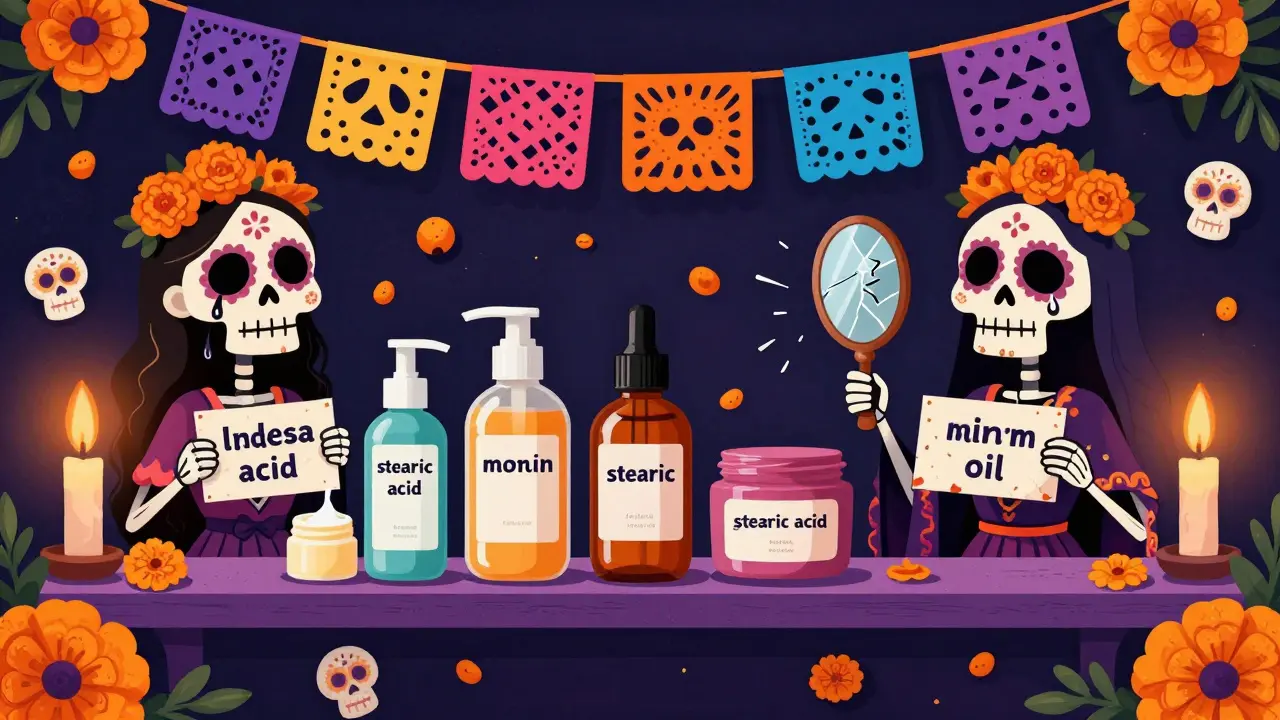 Полки с косметикой в виде скелетов в традиционных костюмах Дня мертвых, выливающих масло.