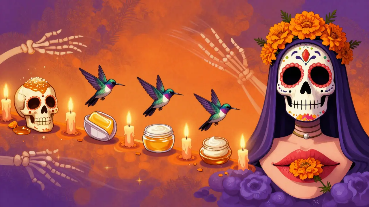 Путь восстановления губ за 48 часов, изображённый как ряд свечей и цветов в стиле Дня мёртвых.