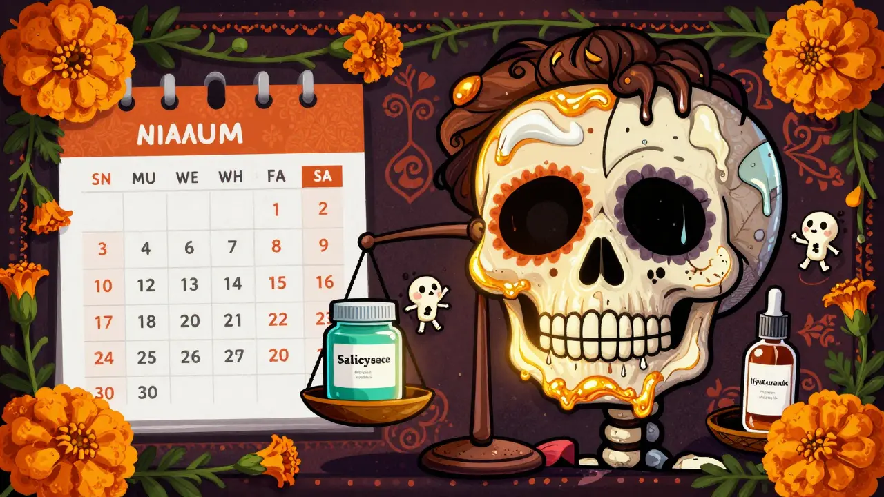 Раздвоенное лицо: одна половина сухая с увлажняющим кремом, другая — жирная с прыщами, между ними весы с средствами для ухода.