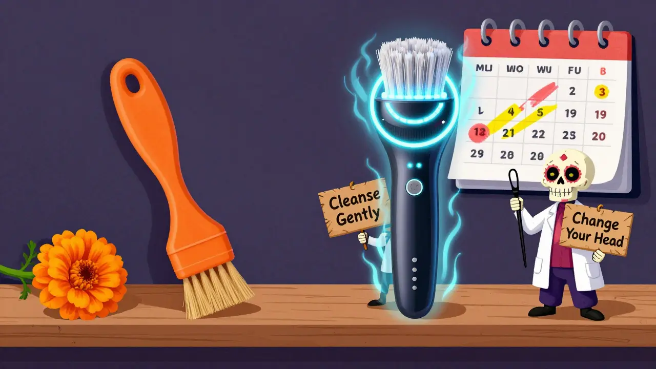 Ручная и электрическая щетки рядом, охраняемые скелетами в лабораторных халатах с табличками.