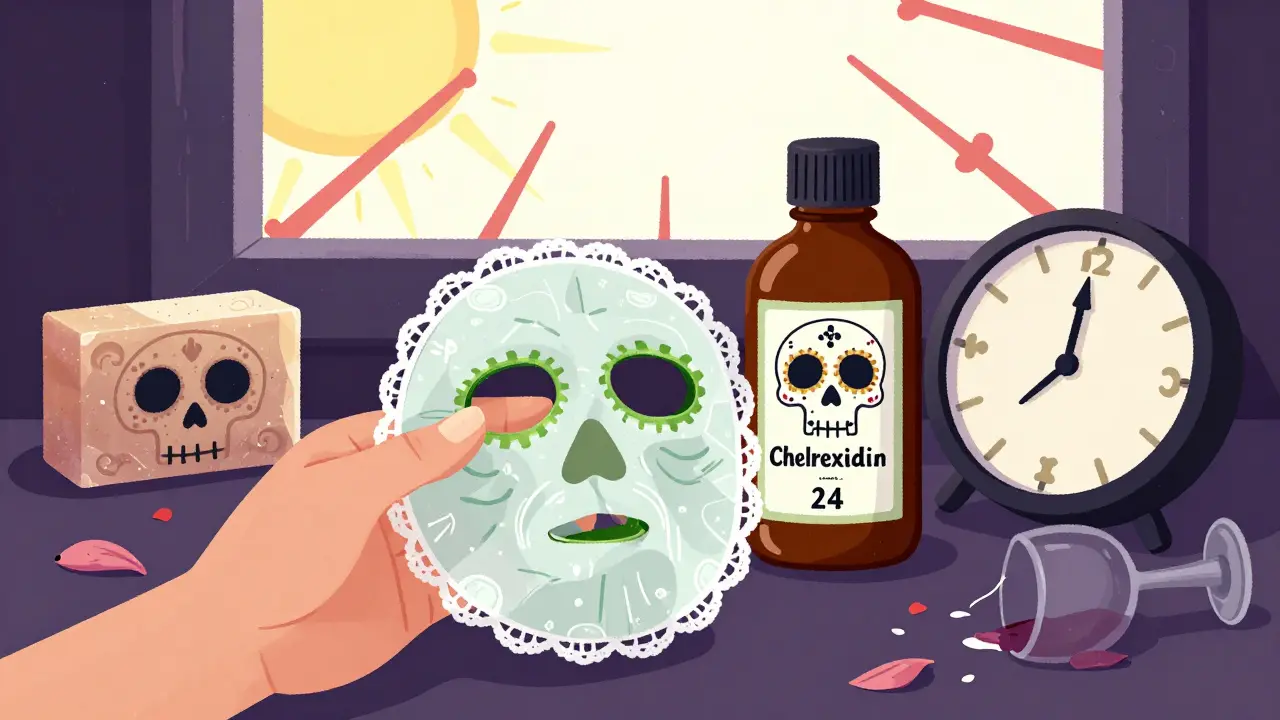 Рука держит охлаждающую маску алоэ, рядом — бутылка хлоргексидина и запрещённые предметы в стиле Дня мёртвых.