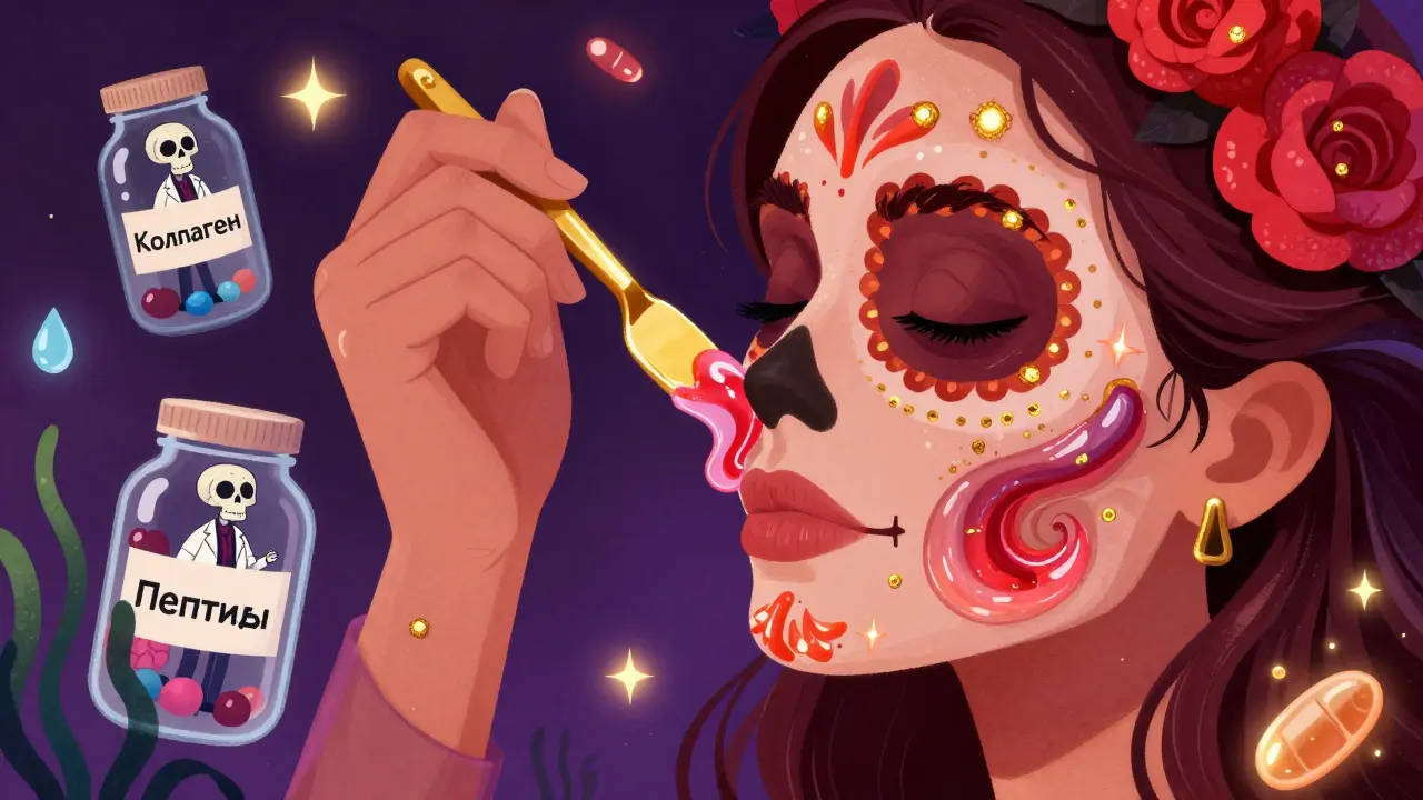 Рука наносит гель-маску, вокруг которой парят скелеты и активные ингредиенты в стиле Дня мертвых.