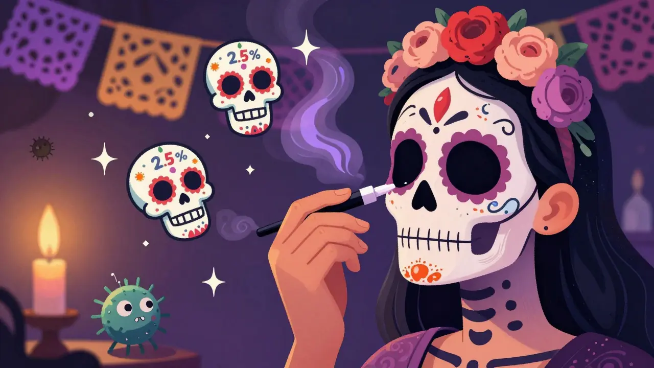 Рука наносит гель на лицо черепа, рядом плавают сахарные черепа с концентрациями.