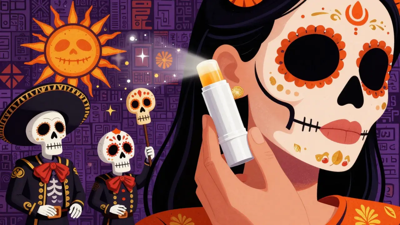 Рука наносит SPF-стик на ухо и губы, вокруг — крошечные скелеты и магические символы защиты в мексиканском стиле.