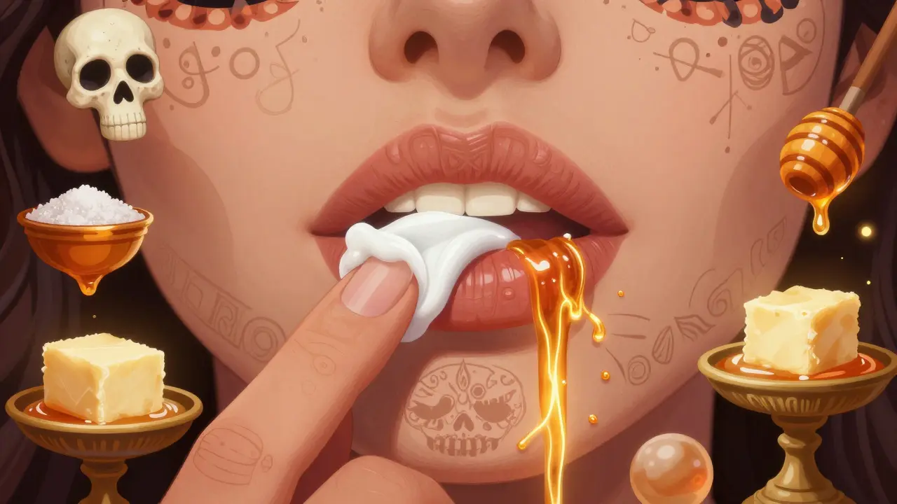 Рука наносит вазелин на губы, вокруг — светящиеся ингредиенты в виде ритуальных алтарей.