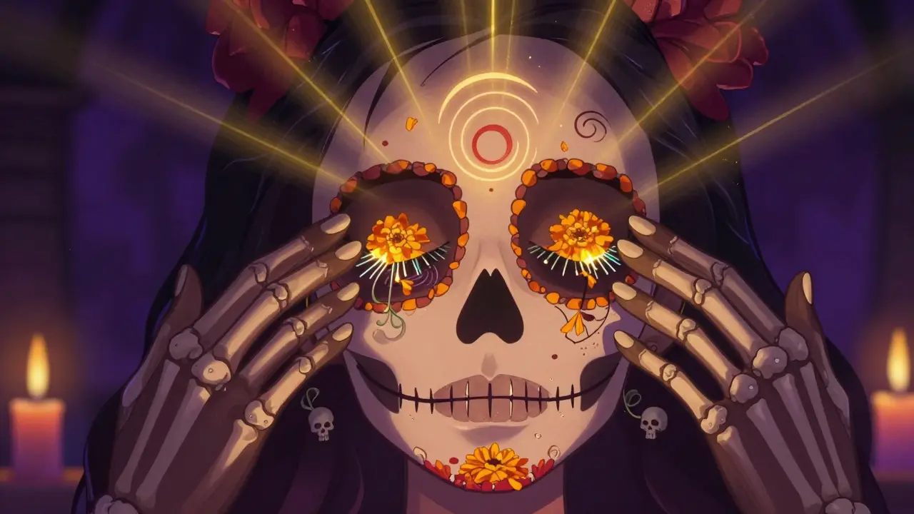 Скелетные руки делают массаж век, светящиеся лепестки показывают кровоток и рост ресниц.