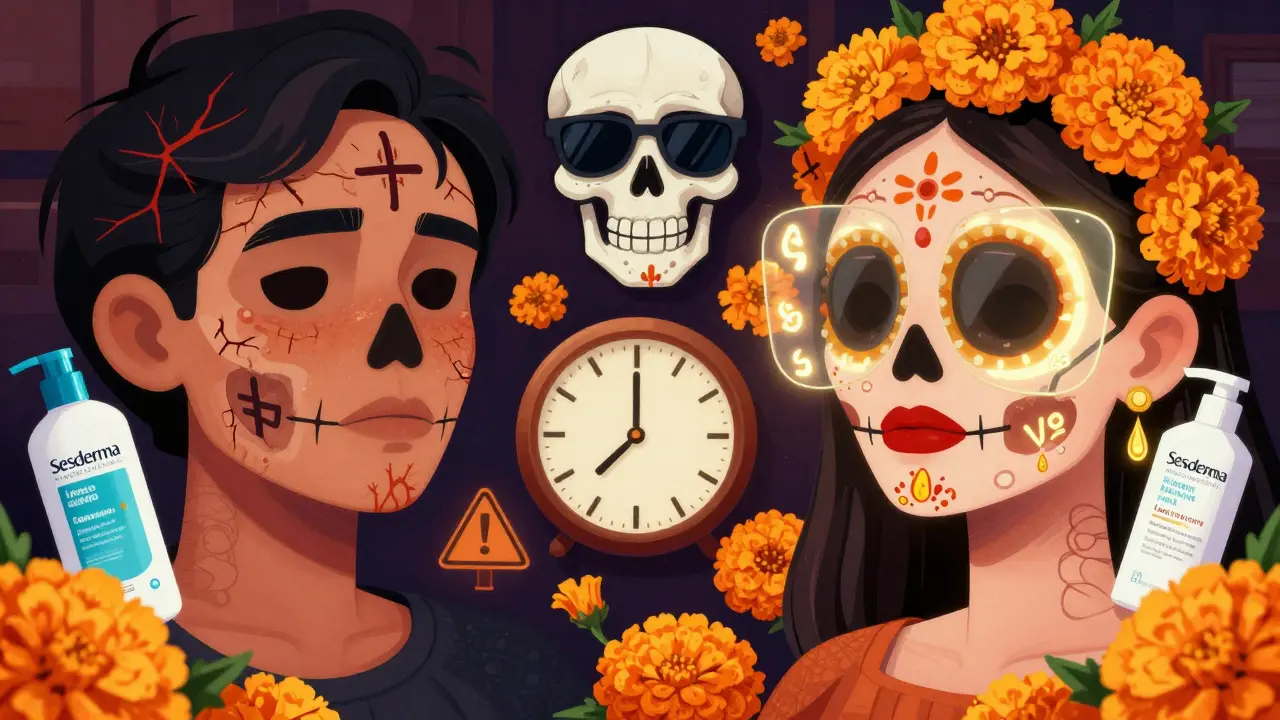 Сравнение: обгоревшие губы и уши слева, защищённые — справа, с цветами и бутылочками солнцезащитных средств в стиле Дня мёртвых.