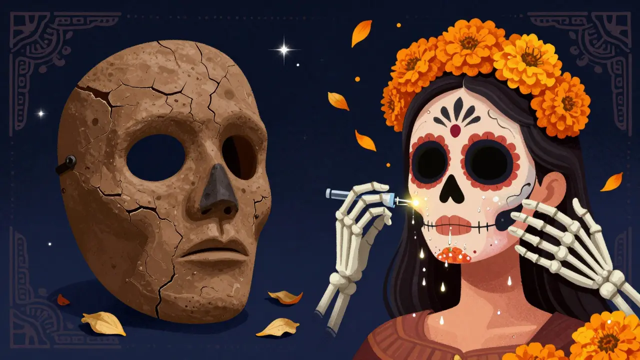 Сравнение сухой, треснувшей кожи и сияющей, увлажнённой кожи с элементами Дня мёртвых.