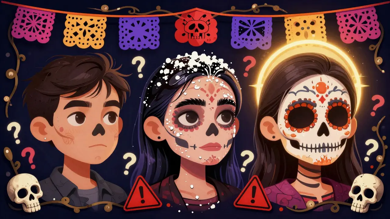 Сравнение трёх стилей бровей: мыло, гель и ламинирование, в стиле Дня мёртвых.