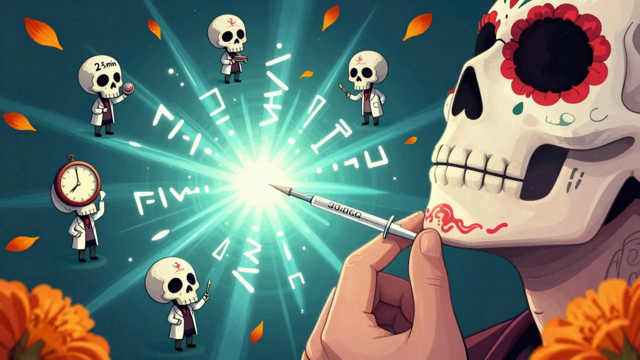 Тонкая игла вводит анестетик, вокруг — светящиеся символы и черепа в лабораторных халатах.