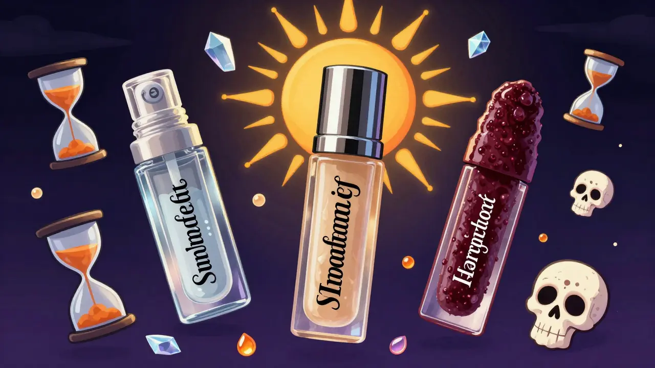 Три бутылочки блеска разных текстур, плавающие с песочными часами и сияющими кристаллами.