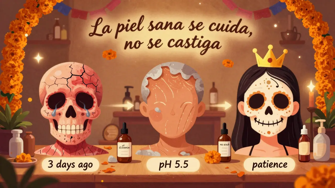 Три этапа восстановления кожи: от повреждённой до сияющей, с символами правильного ухода и праздничной алтарной композицией.