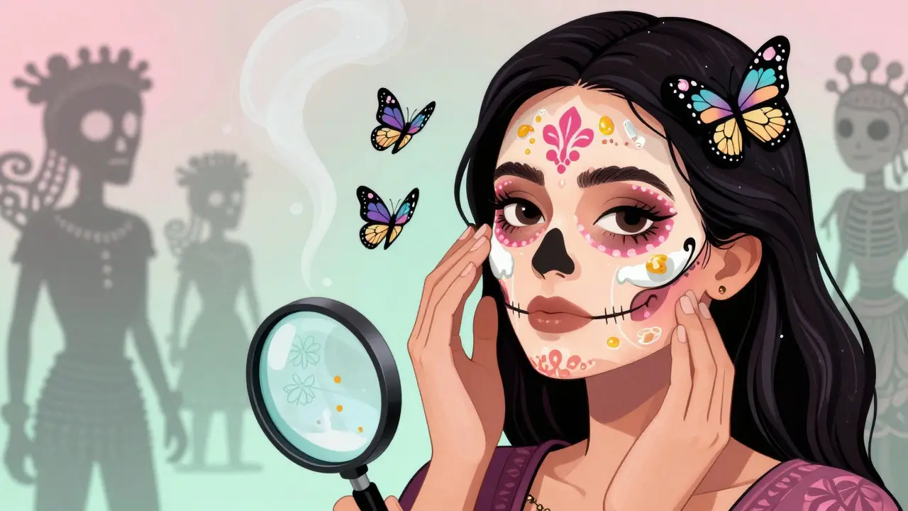 Женщина наносит сыворотку, а из ее кожи вылетают бабочки, символизирующие здоровую кожу.