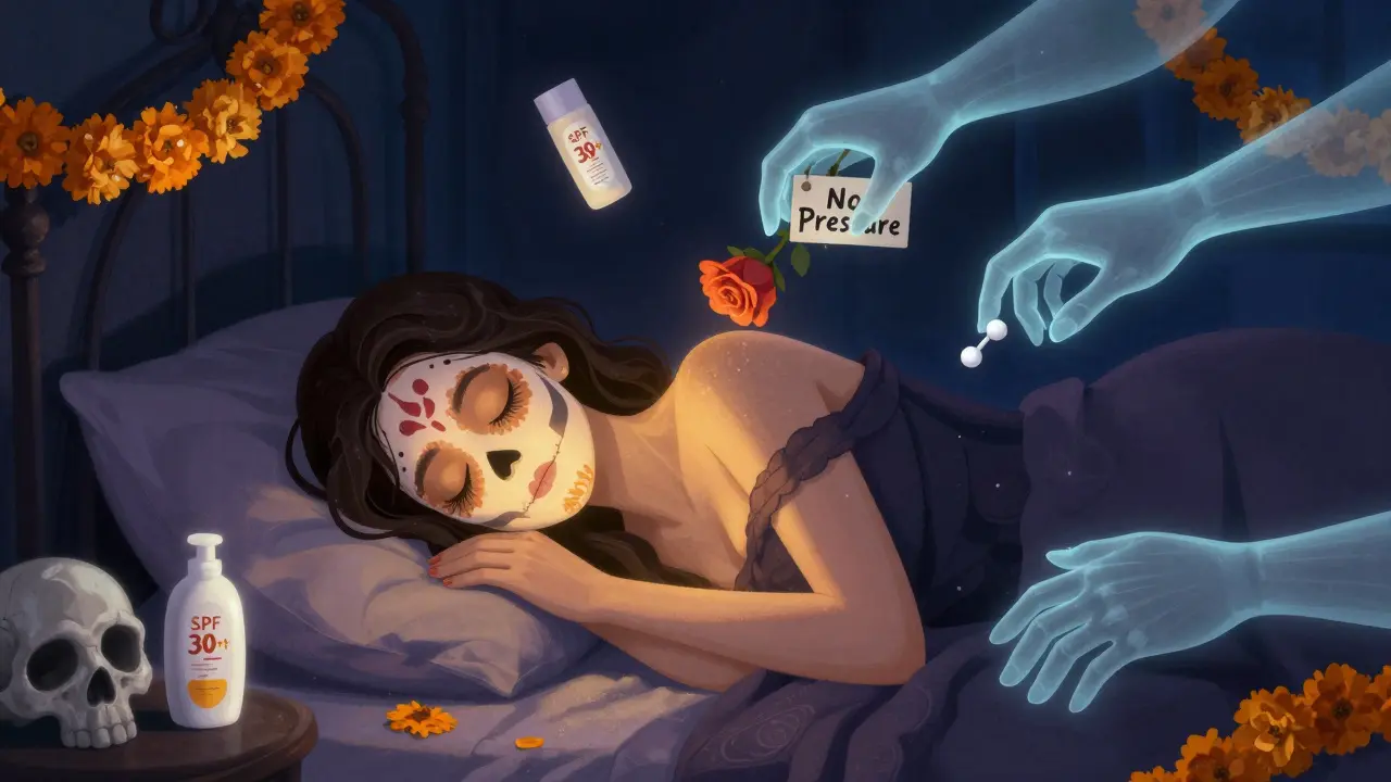 Женщина спит на спине, её лицо светится, а призрачные руки пытаются сдвинуть её — в стиле Дня мёртвых.