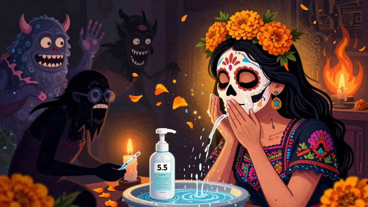 Женщина умывается мягким средством, а агрессивные привычки отгоняются лепестками ноготков, её кожа светится, на тесте — pH 5.5.