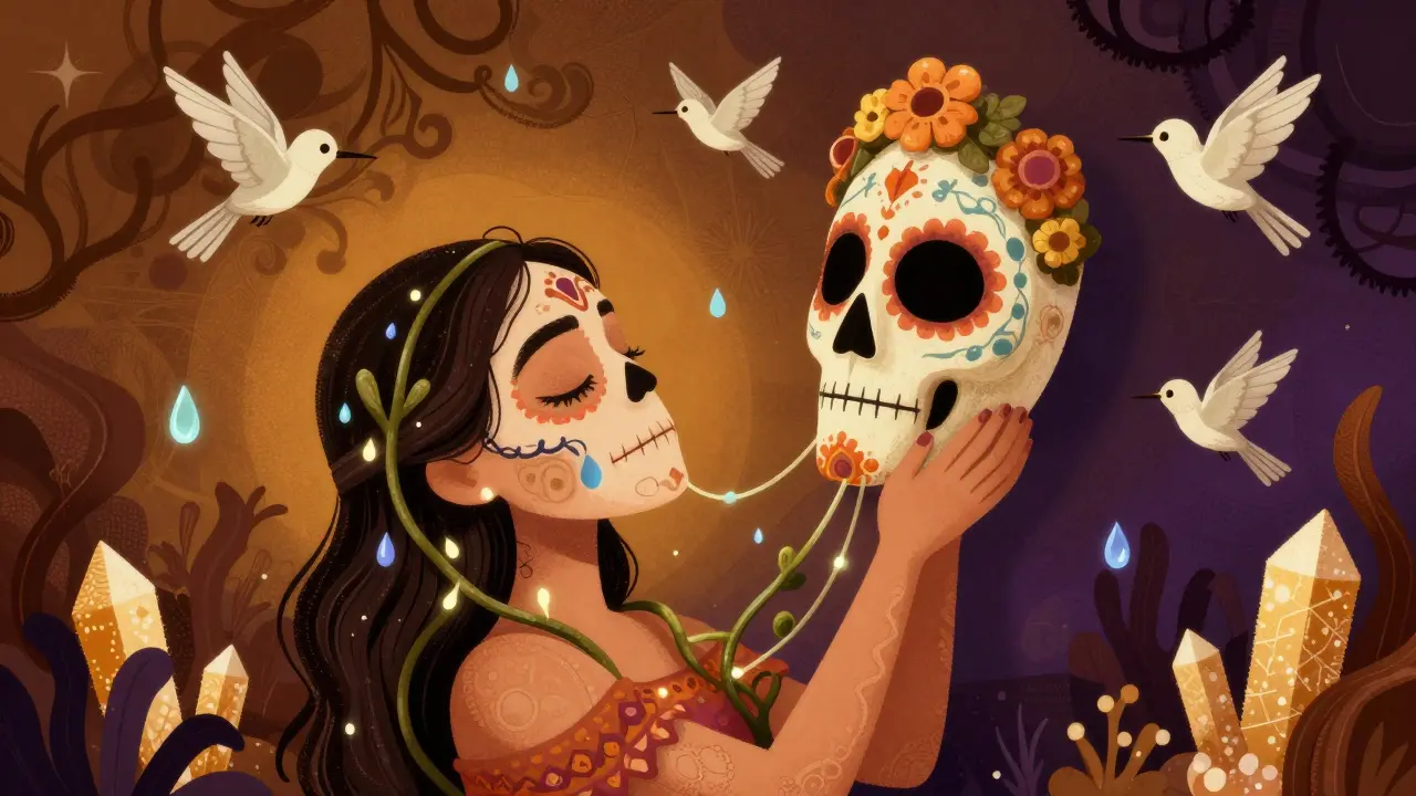 Альгинатная маска подтягивает лицо, окружённая водорослевыми нитями и костяными колибри.