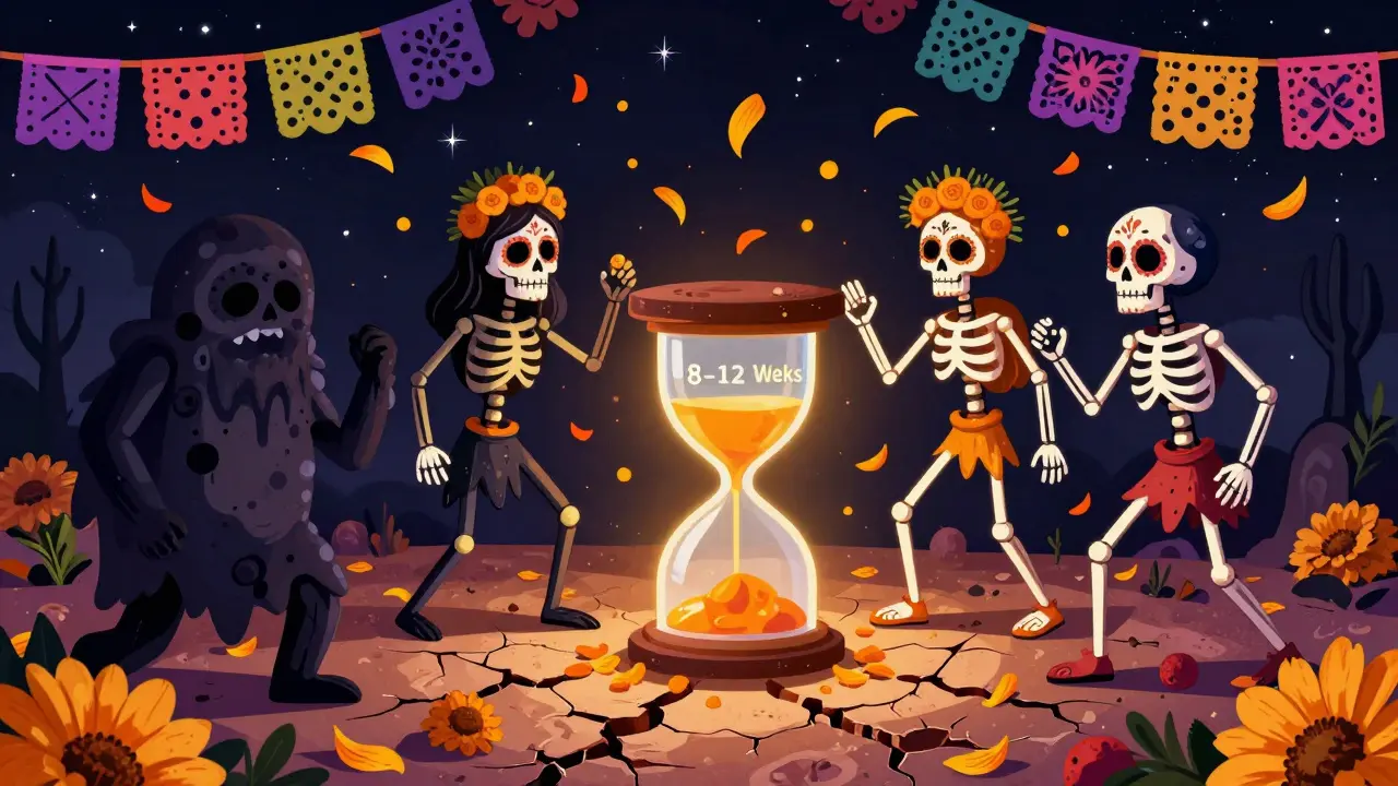 Битва теней старения с воинами из ретинола и бакучиола, на фоне песочных морщин и падающих лепестков, в центре — песочные часы.