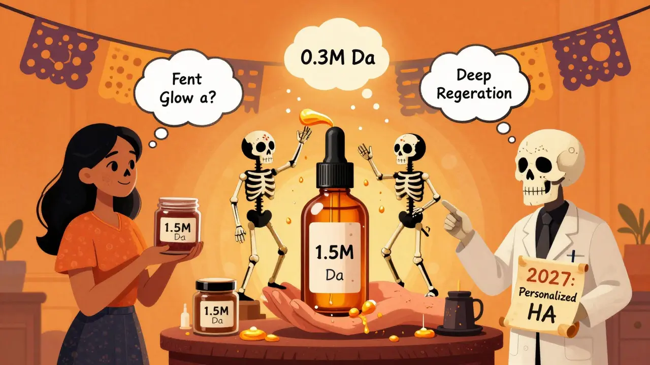 Бутылка сыворотки как алтарь с тремя костяными фигурами, олицетворяющими разные молекулярные веса.