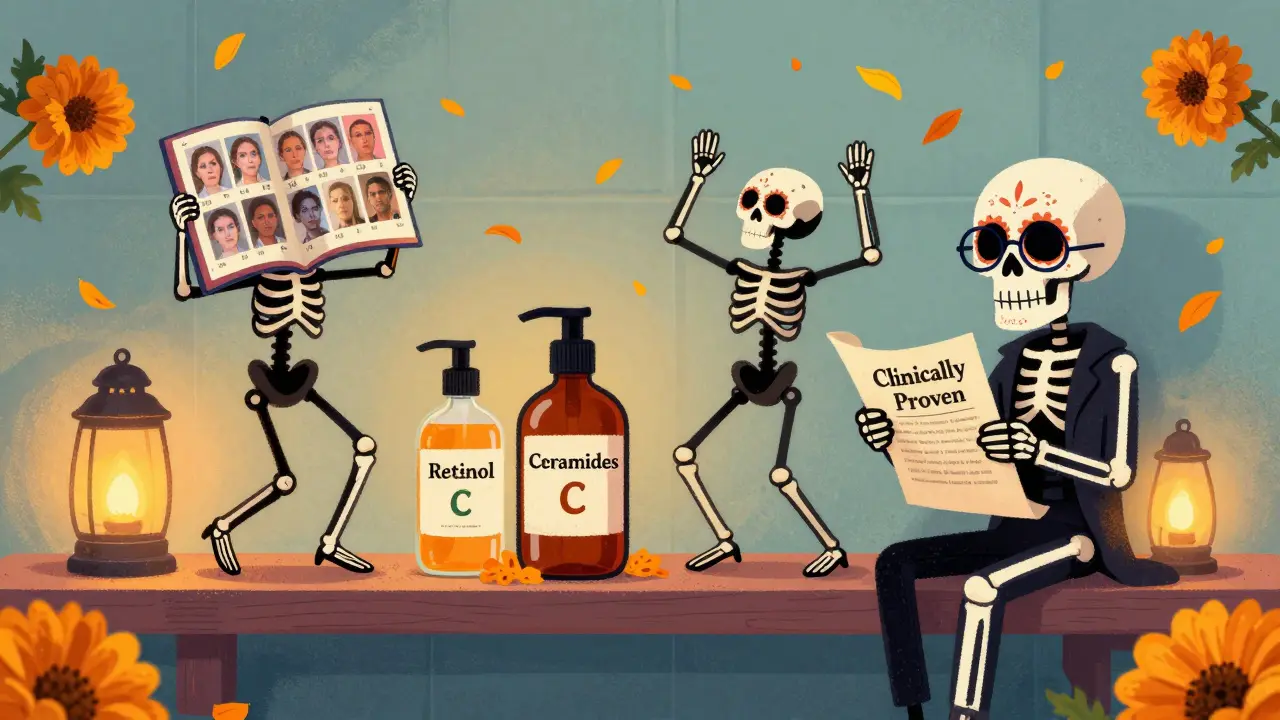 Бутылочки с активами в виде танцующих скелетов, рядом фото прогресса и научный свиток, украшенные бархатными лепестками.