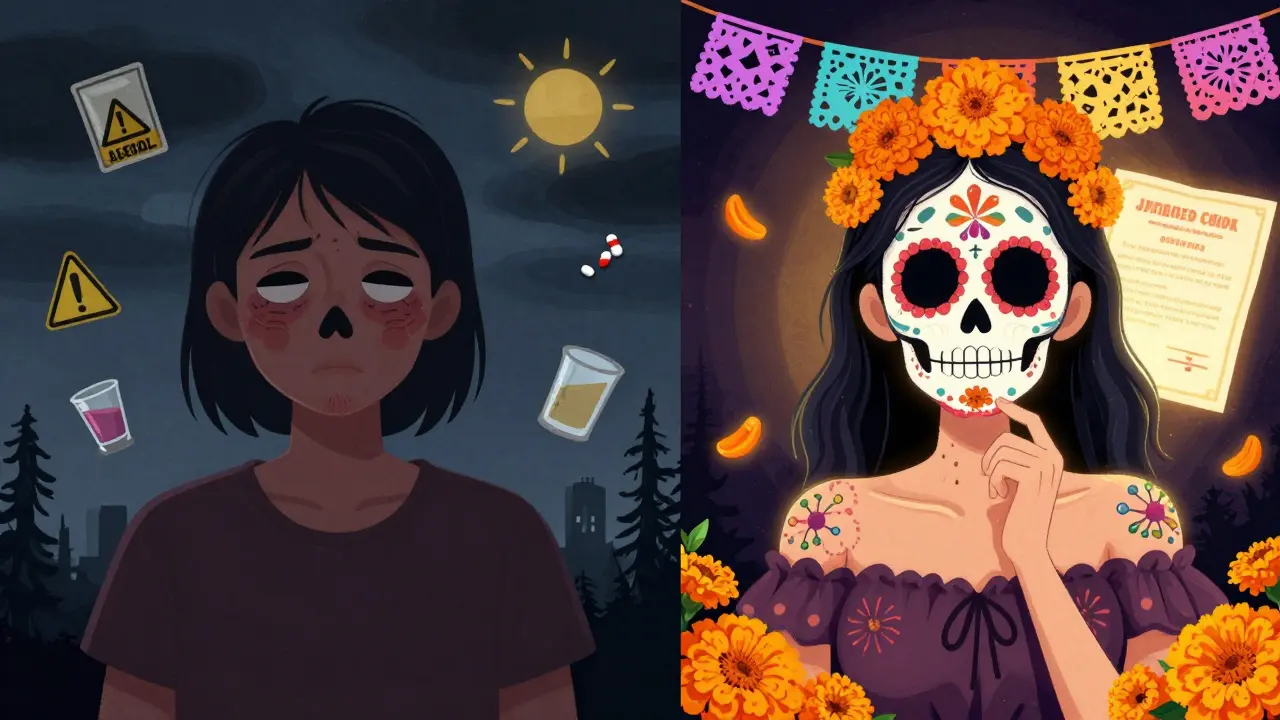 Диptyх: слева — пациент с синяками под мрачным небом, справа — та же женщина с сияющей кожей и цветами-молекулами в стиле Дня мёртвых.