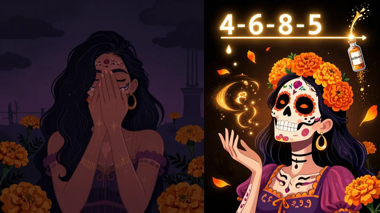 До и после: женщина от скрытой улыбки к свободной, с цветами и падающими лепестками, символизирующими время.