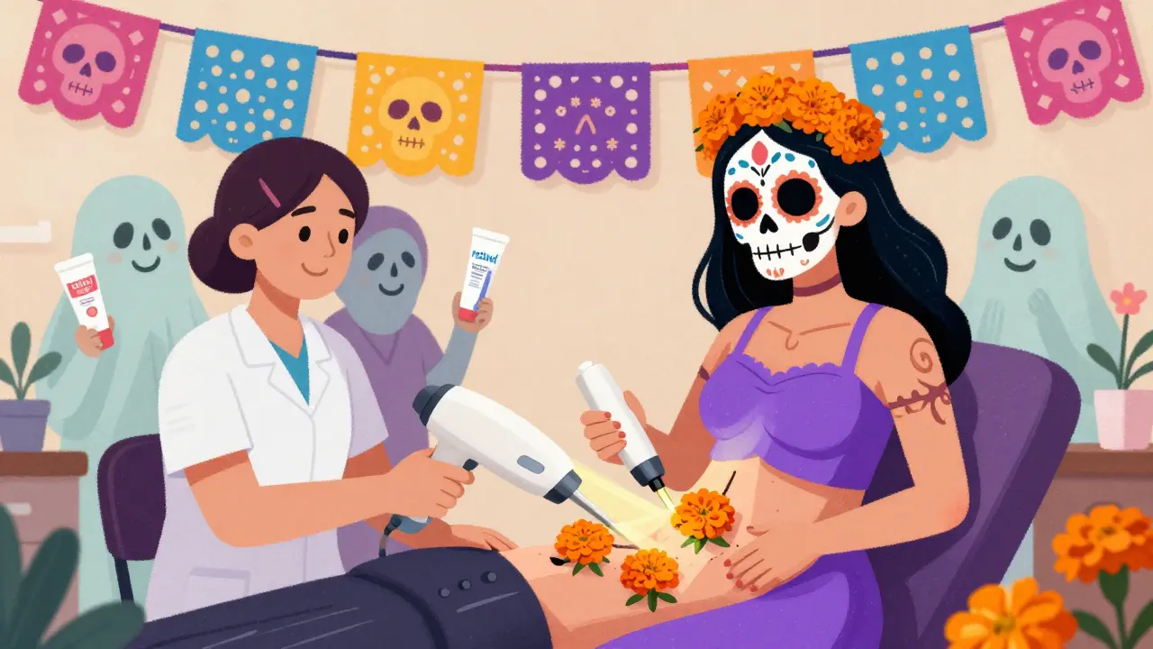 Лазер превращает растяжки в мариголды, в фоне — символы ухода и принятия тела.