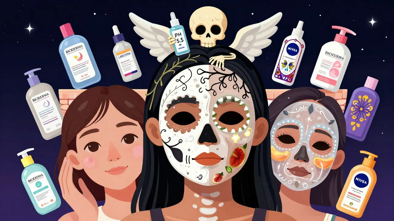 Маски по зонам: глиняная на лбу и носу, гелевая на щеках, над лицом — дух ухода с тоником, вокруг — бутылки брендов в стиле Дня мёртвых.