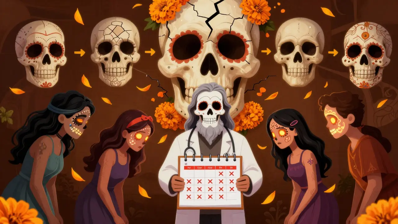 Мудрый скелет-врач с календарем, пациенты с здоровой кожей и падающими бархатцами.