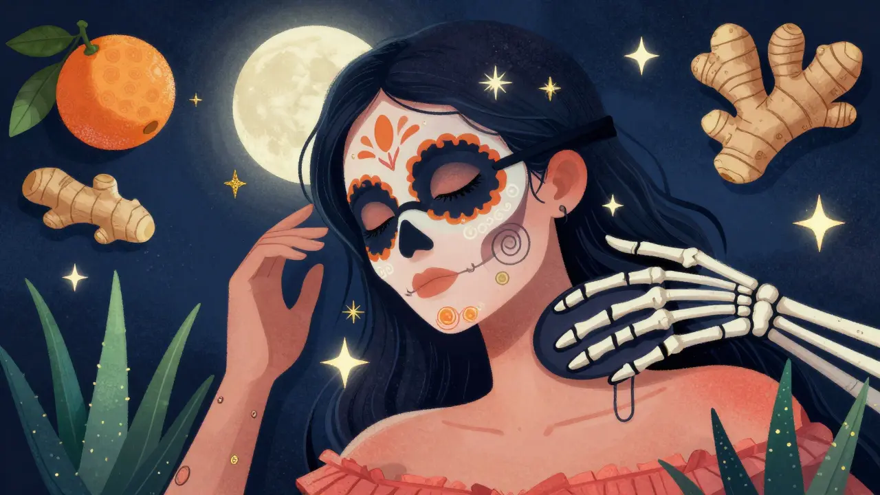 Ночная маска впитывается в кожу, с потоками светящихся ингредиентов и растительными символами.