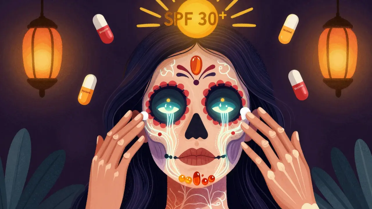 Прозрачное лицо с светящимися коллагеновыми потоками под глазами, тонкие костяные руки наносят крем, над головой — символ SPF.
