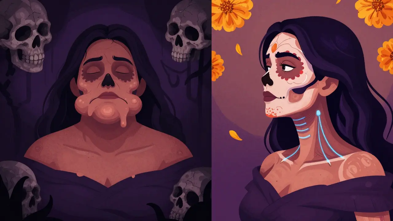 Разделённая сцена: слева — провисший второй подбородок из жира, справа — подтянутая шея после ботокса с цветами и костями.