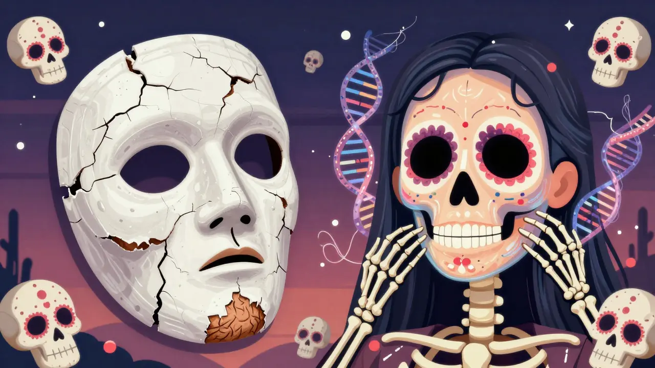 Разделённая сцена: сухая кожа под треснувшей маской и омоложенная кожа с glowing костяными структурами.