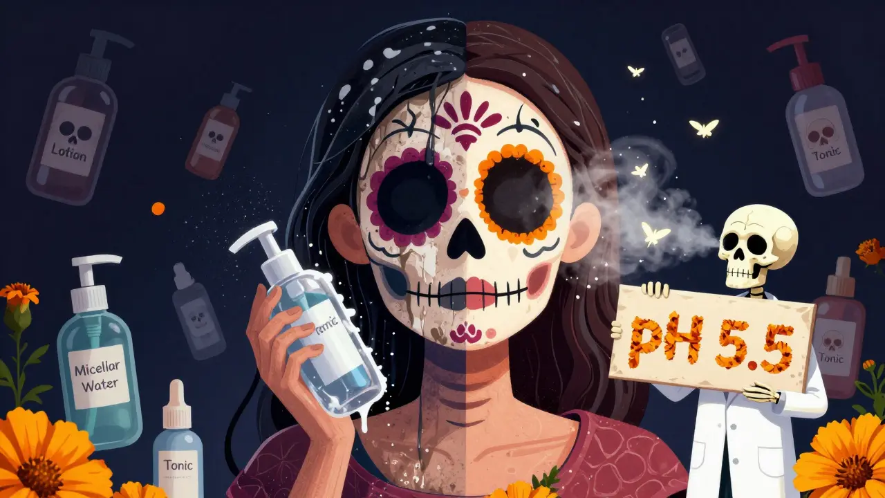 Разделенное лицо: грязная сторона и сияющая после тоника, с летящими костяными мотыльками.