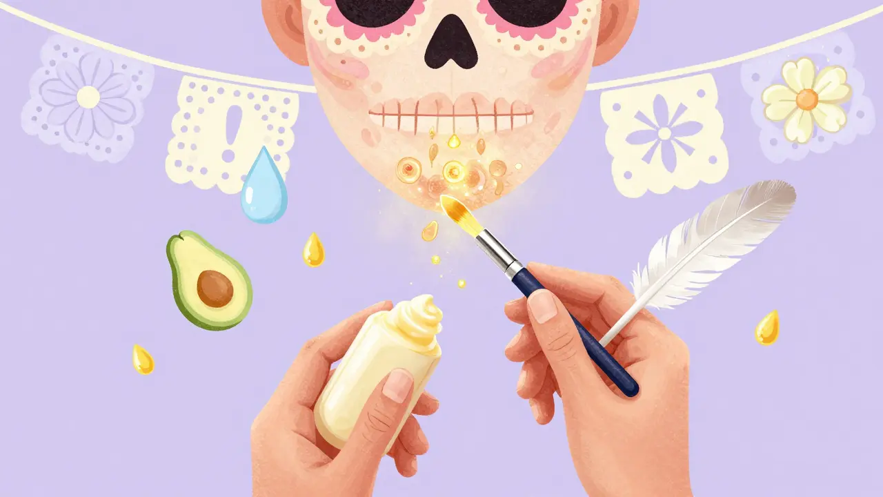 Рука наносит мягкий бальзам на губы, мёртвые клетки превращаются в золотую пыль в стиле Дня мёртвых.