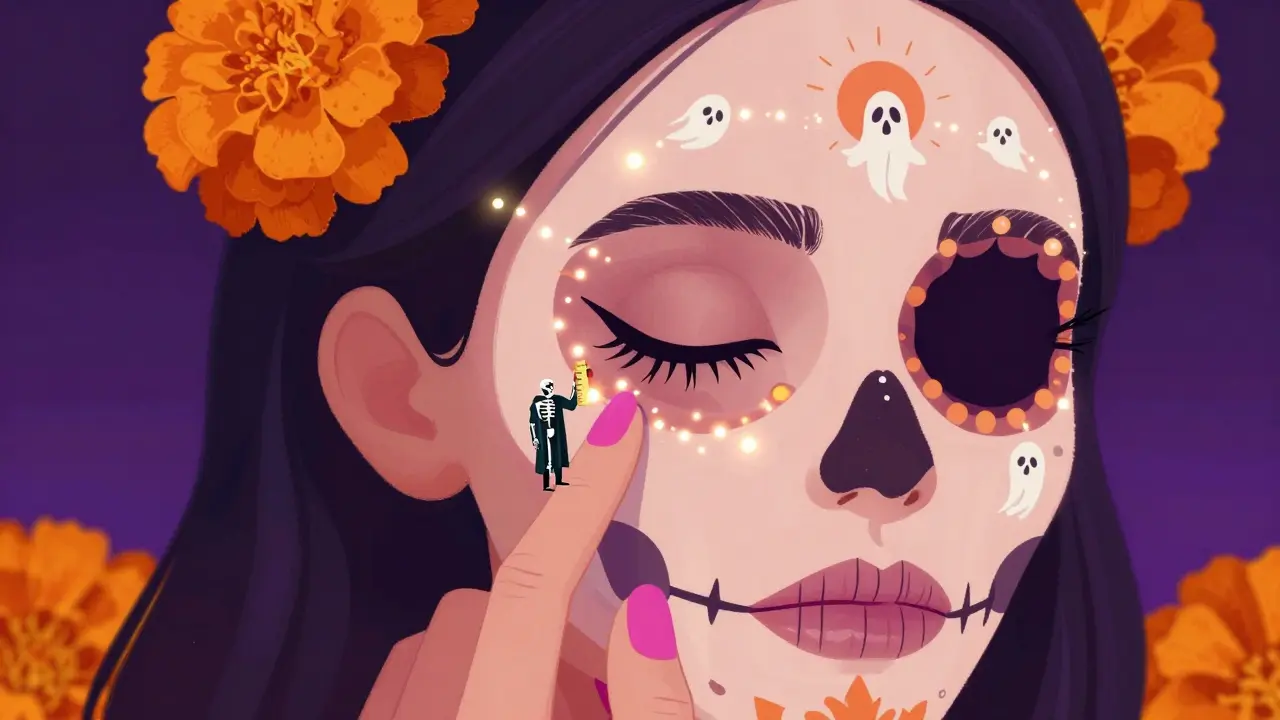 Рука опирается мизинцем на щеку, над глазом — идеальная стрелка, окруженная светящимися точками.