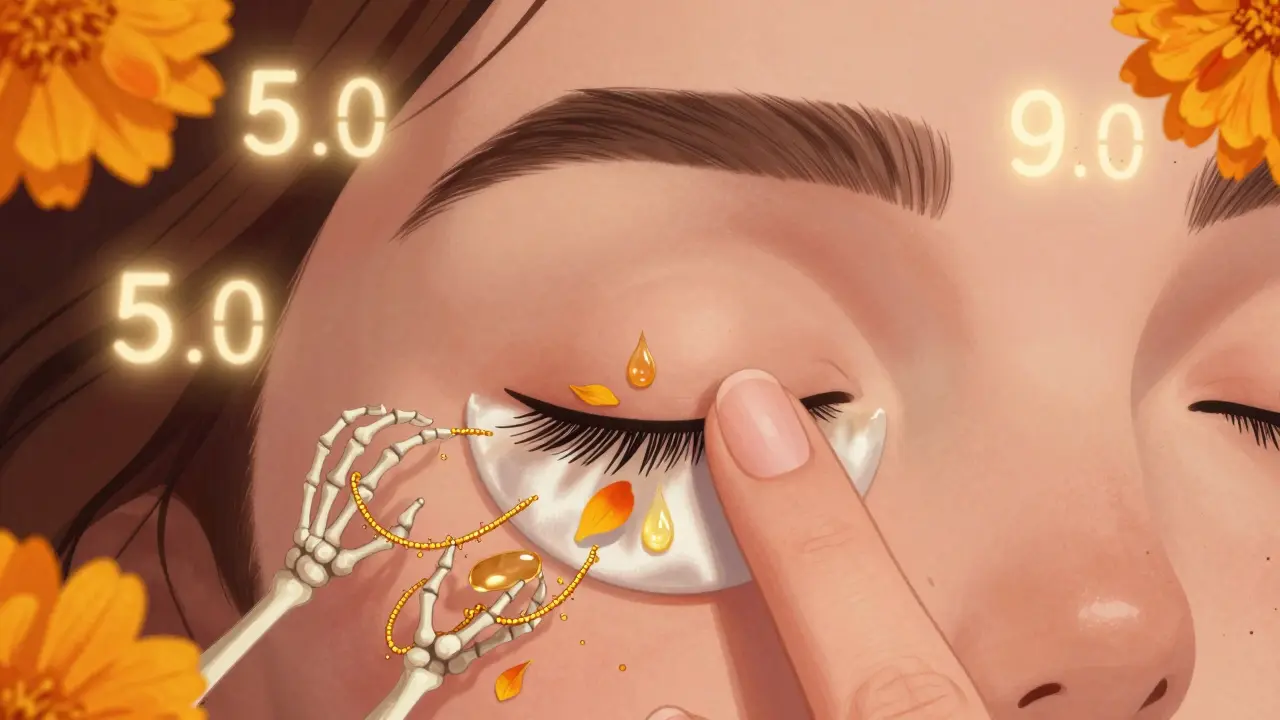 Рука прикладывает ватный диск к закрытому глазу, капли масла превращаются в бутоны бархатцев.