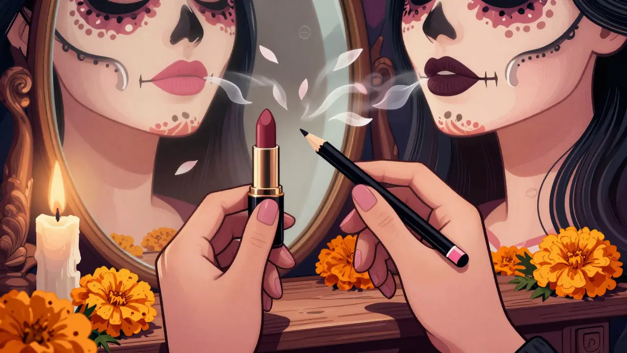 Руки держат помаду и карандаш на алтаре с бархатцами и свечами, в зеркале — светящиеся губы.