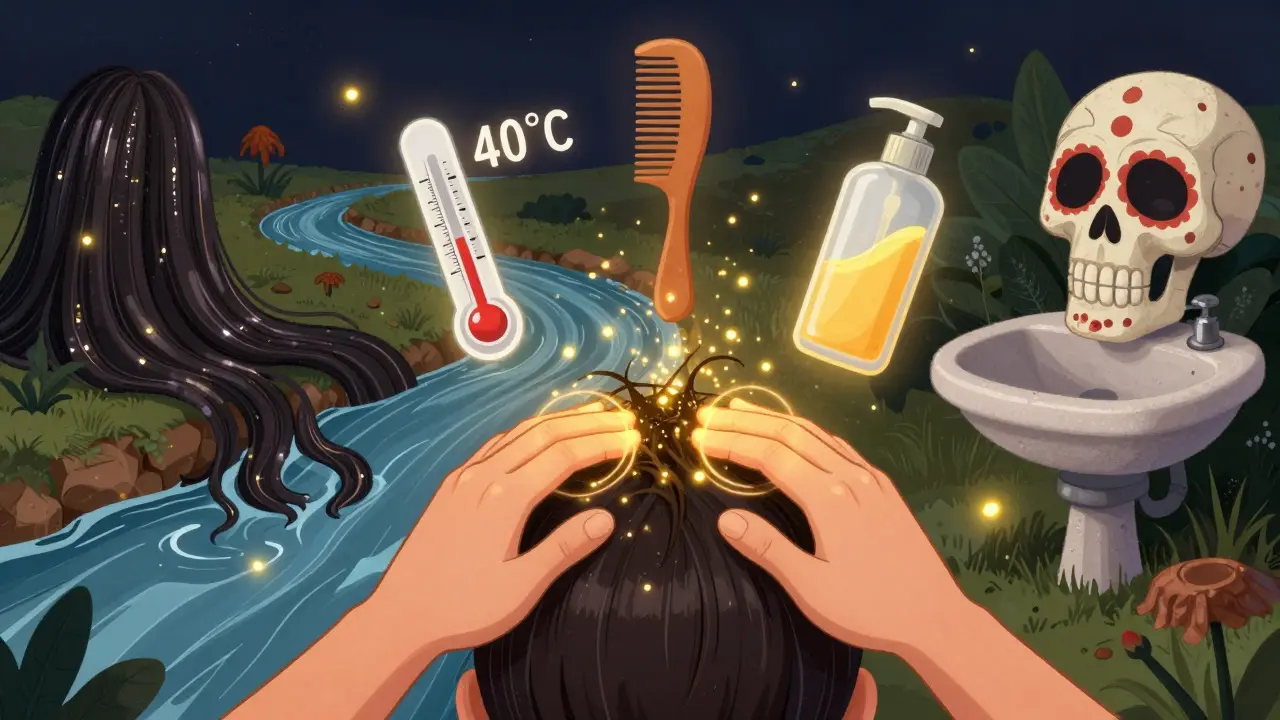 Руки массируют кожу головы, вокруг — символы правильной температуры воды и техники мытья.