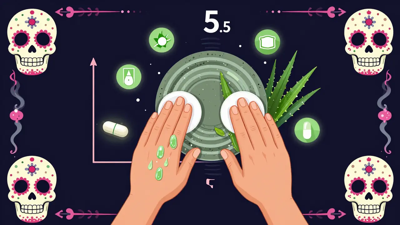 Руки очищают лицо по зонам: массаж Т-зоны гелем и лёгкие похлопывания на щеках, вокруг — символы pH и микроэлементы.