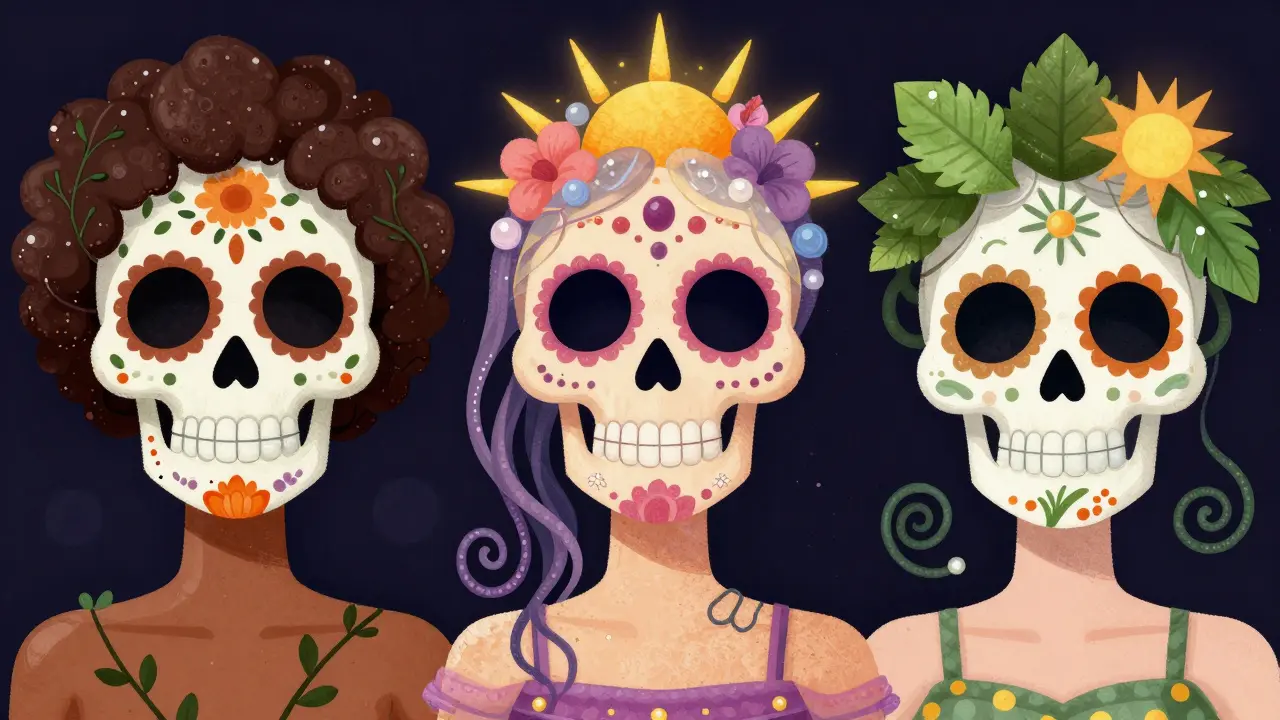 Три черепа-скелета в стиле Дня мертвых, каждый с уникальной текстурой кожи и защитными компонентами солнцезащитного крема.