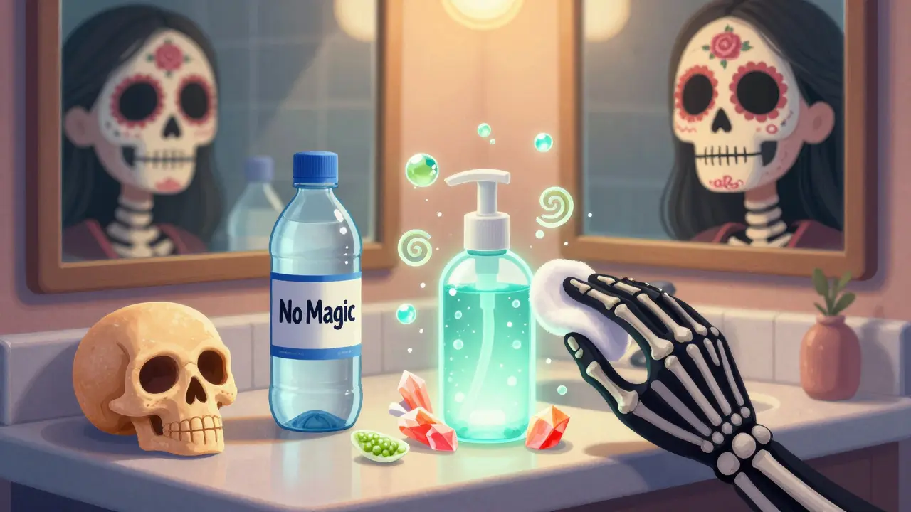 Три косметических станции на столе: мыло, минеральная вода и тоник с активными ингредиентами.