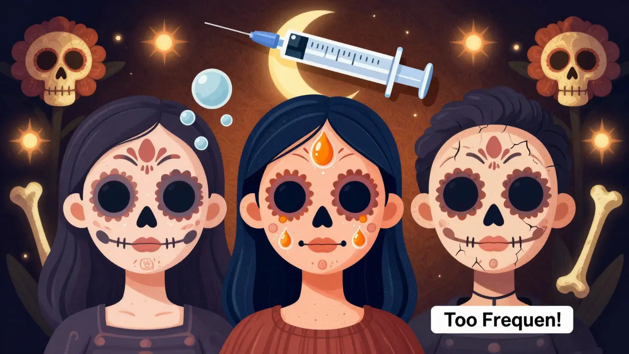 Три лица с разными эффектами инъекций под луной в виде шприца.