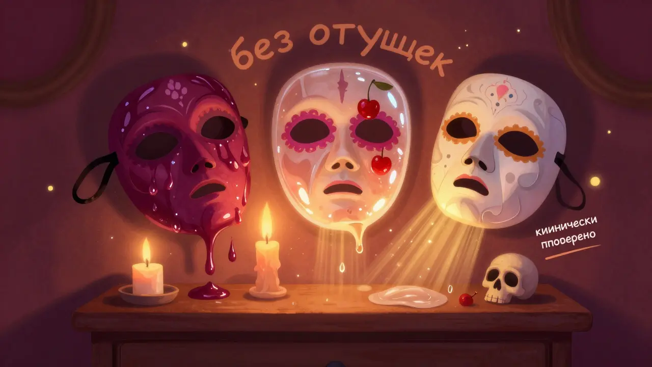 Три магические маски для губ с активными ингредиентами, парящие над туманной прикроватной тумбочкой.