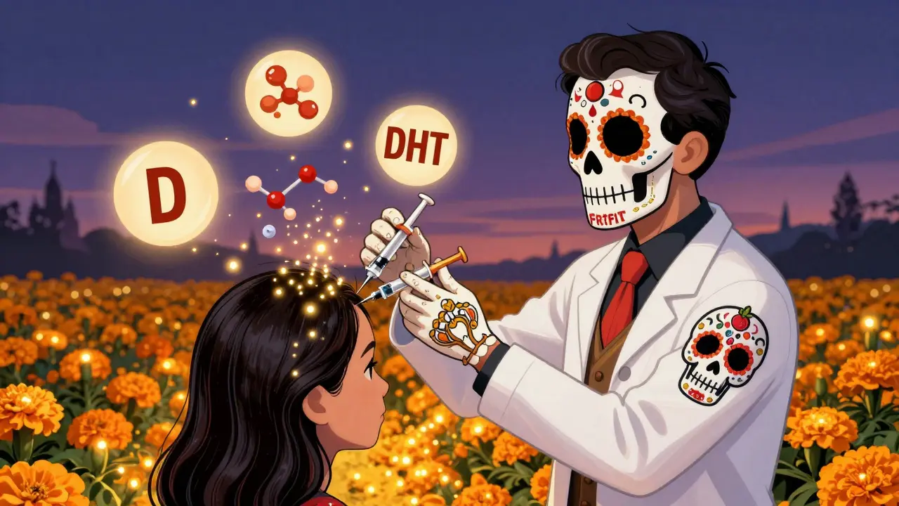 Трихолог в стиле Калааверас вводит уколы в кожу головы, вокруг летают молекулы витаминов и гормонов.