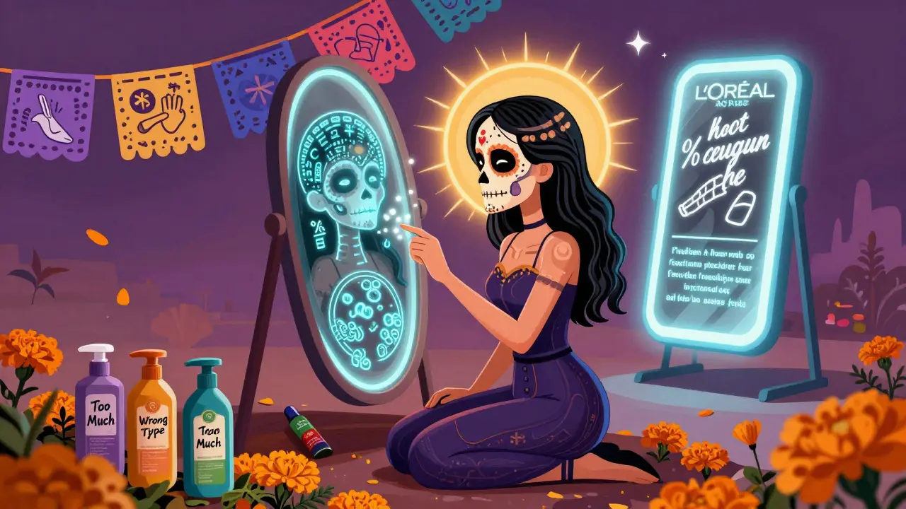 Умное зеркало анализирует кожу головы, вокруг — символы правильного ухода и отвергнутые ошибки.