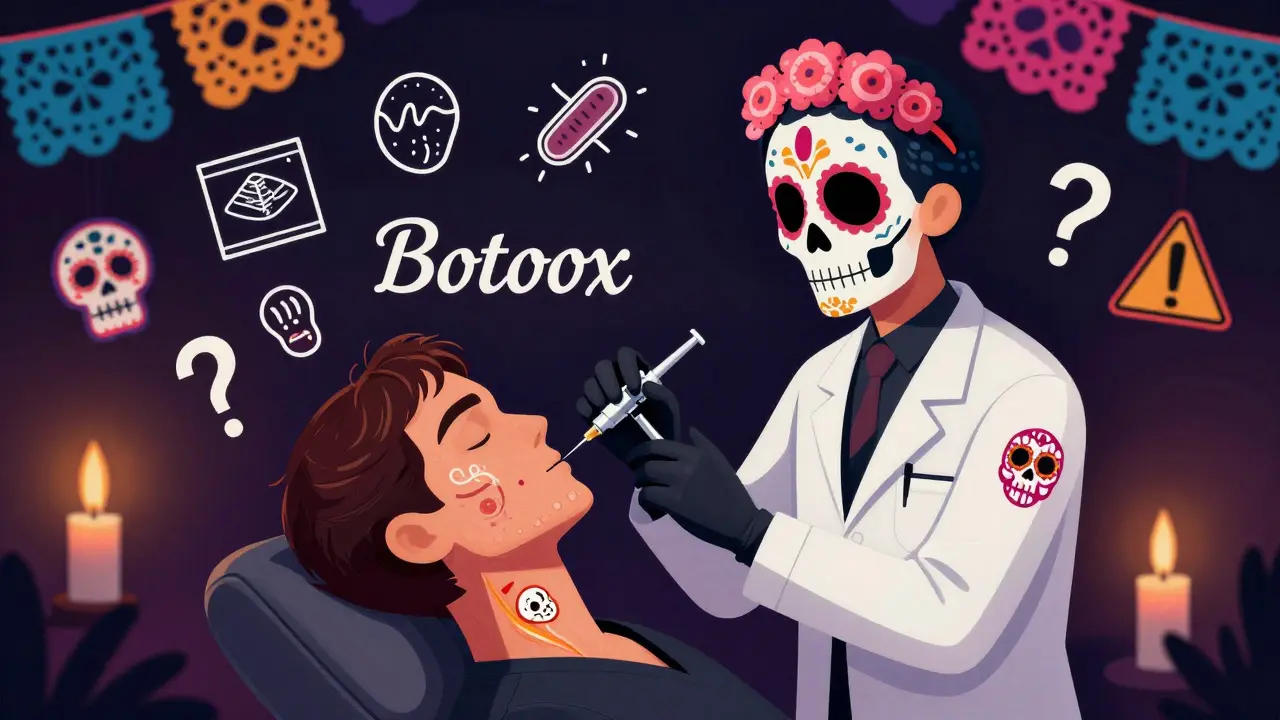 Врач вводит ботокс в шею пациента, вокруг — плавающие скелеты, символы лечения и украшения в стиле Дня мертвых.